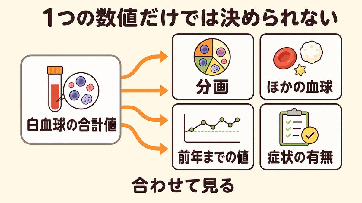 白血球の合計値だけでは決められないため分画やほかの血球も合わせて見る