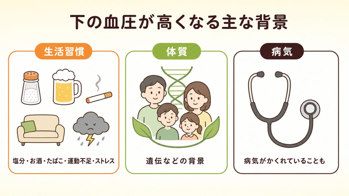 下の血圧が高くなる主な背景（生活習慣・体質・病気）