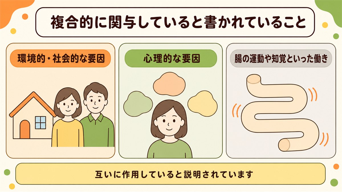 機能性ディスペプシアの原因として複合的に関与していると書かれている領域を示した図