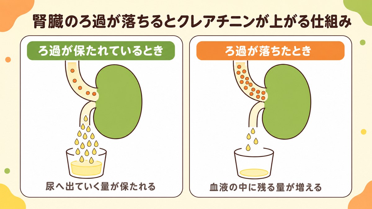 腎臓のろ過が落ちるとクレアチニンが血液中に残ることを示した図