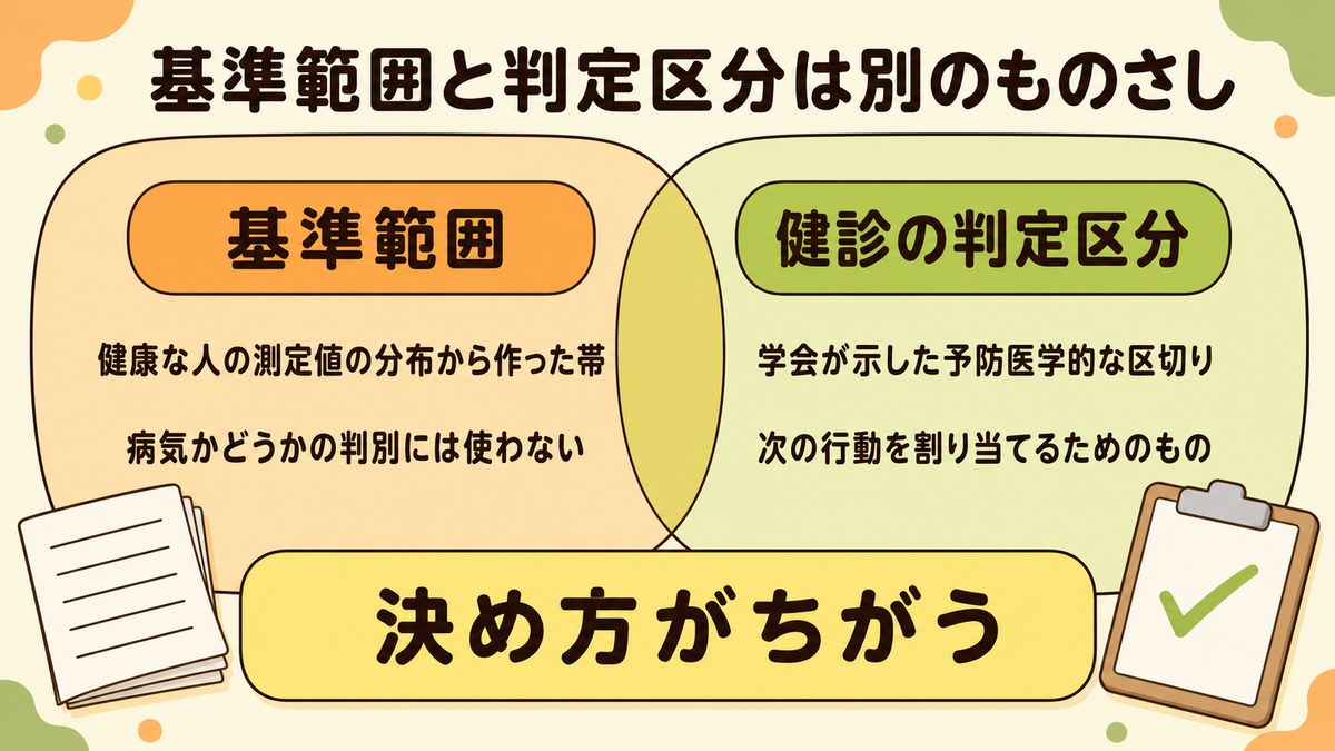 クレアチニンの基準範囲と健診の判定区分は決め方が違うことを示した図