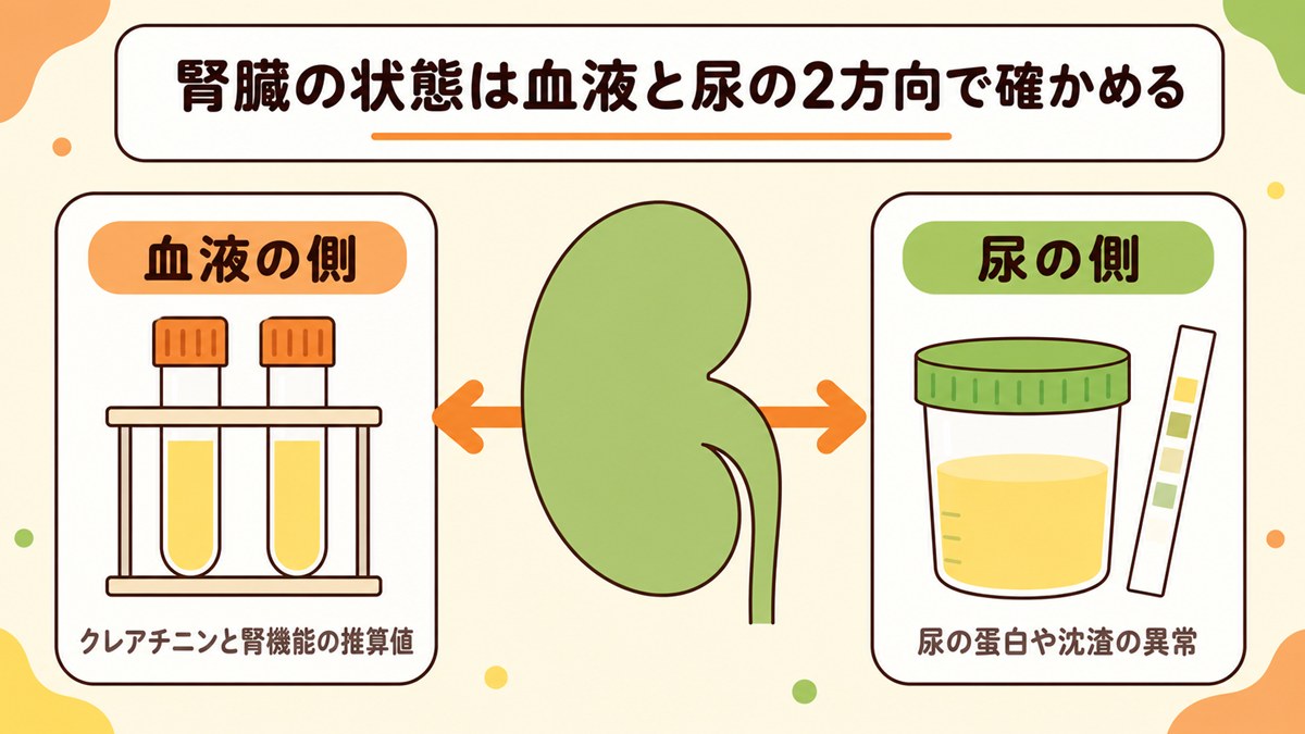 腎臓の状態を確かめる材料が血液の側と尿の側の2方向にあることを示した図