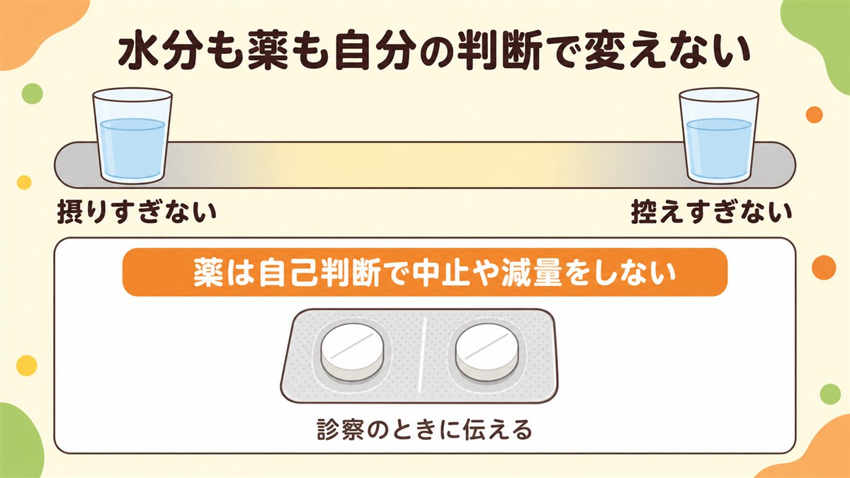 水分は摂りすぎも控えすぎも避け薬は自分の判断で変えないことを示した図
