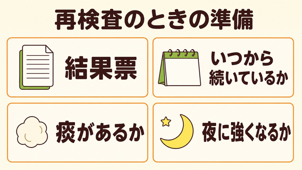 再検査のときの準備。結果票・いつから続いているか・痰があるか・夜に強くなるか