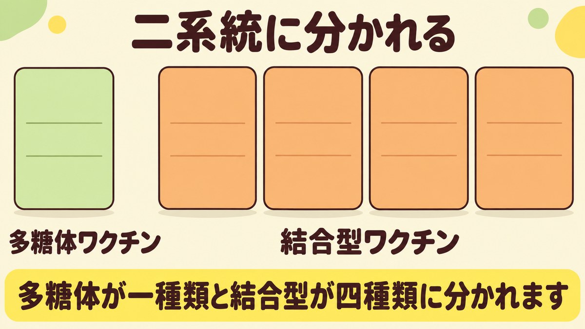 肺炎球菌ワクチンは多糖体ワクチンが1種類と結合型ワクチンが4種類の2系統に分かれることを、同じ形のカードを左に1枚・間をあけて右に4枚並べて示した図