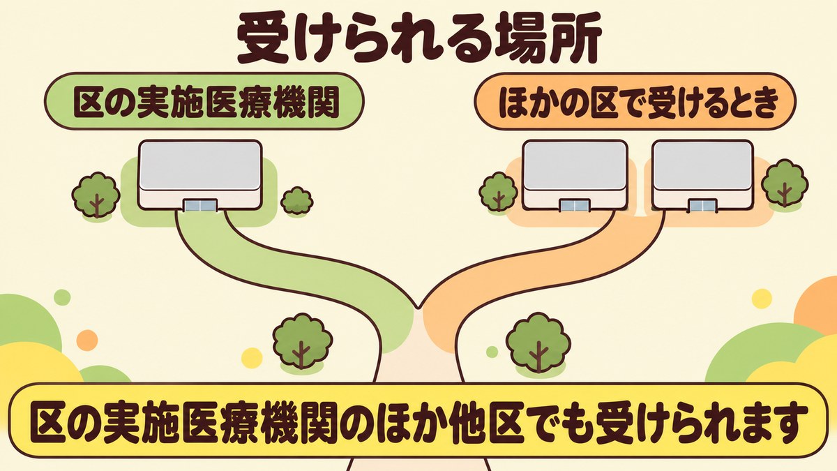 肺炎球菌ワクチンの定期接種は豊島区の実施医療機関のほか、ほかの区でも受けられることを、二股に分かれた道の先に建物を置いて示した図