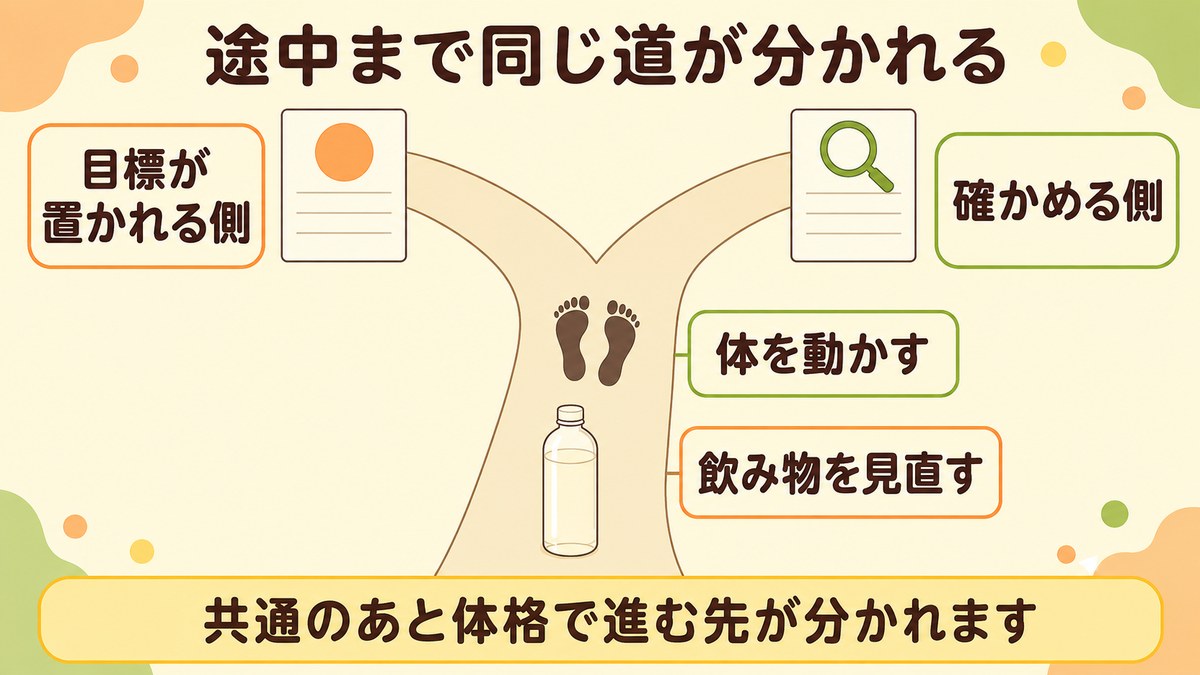 HbA1cを下げる方法は飲み物と運動が共通で、肥満の有無から先で目標と確認事項に分かれること