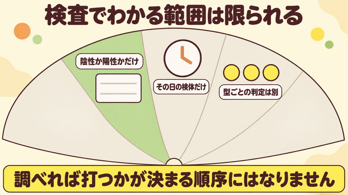 HPV検査でわかるのは陰性か陽性かとその日に採った検体の結果までで、型ごとの判定は別であることを示した図