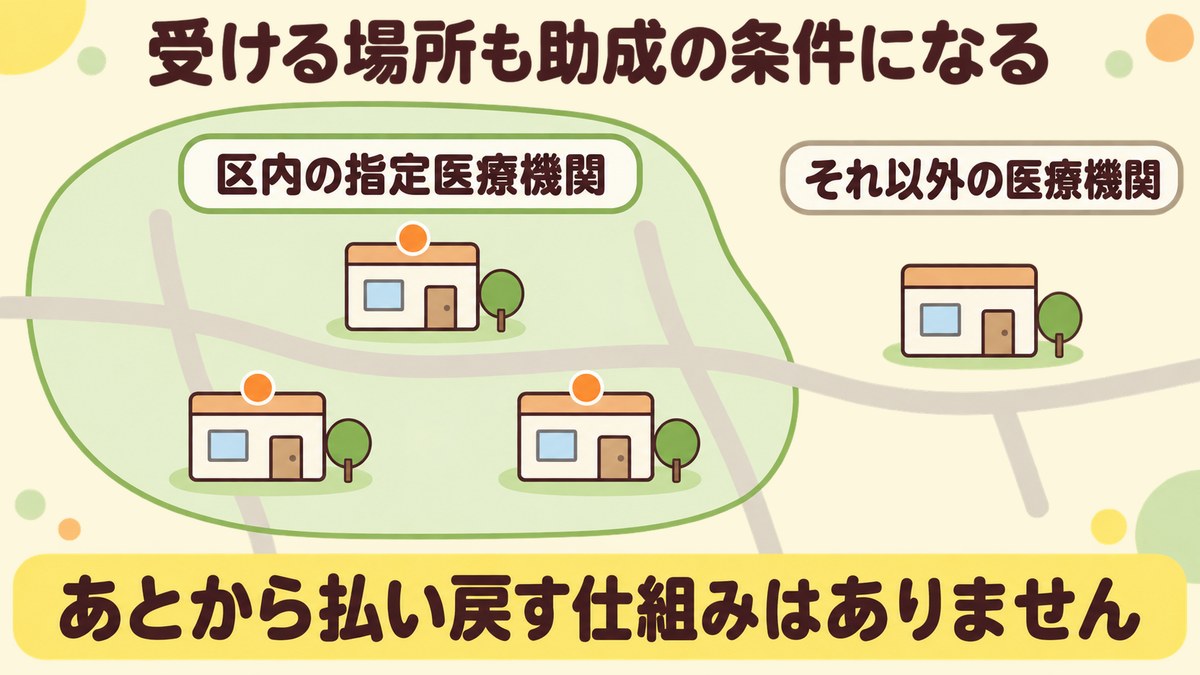 男性のHPVワクチンは豊島区内の指定医療機関で受けた場合が助成の対象で、それ以外の医療機関で受けると対象外になることを示した図