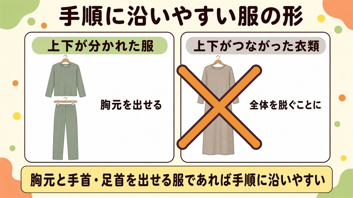 上下が分かれた服と上下がつながった衣類の違いを示した図
