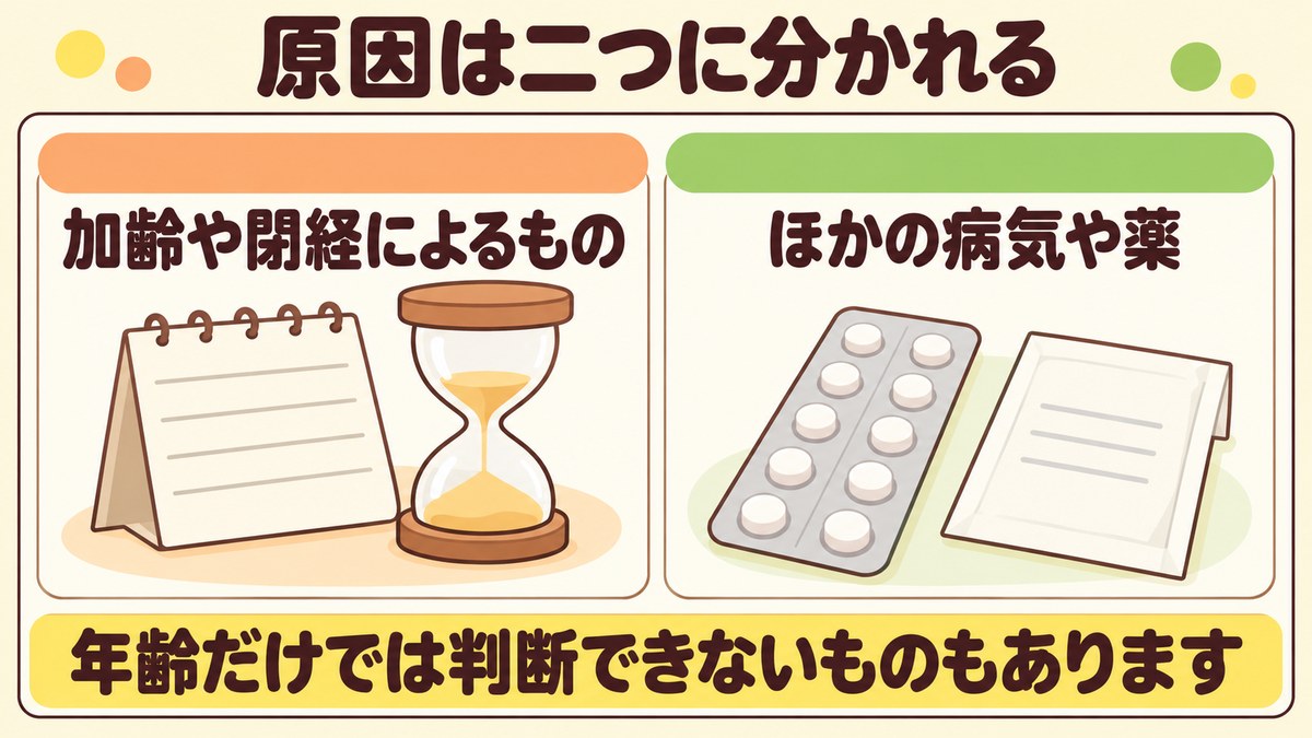 骨粗しょう症の原因は加齢や閉経によるものと、ほかの病気や薬によるものの二つに分かれることを示した図