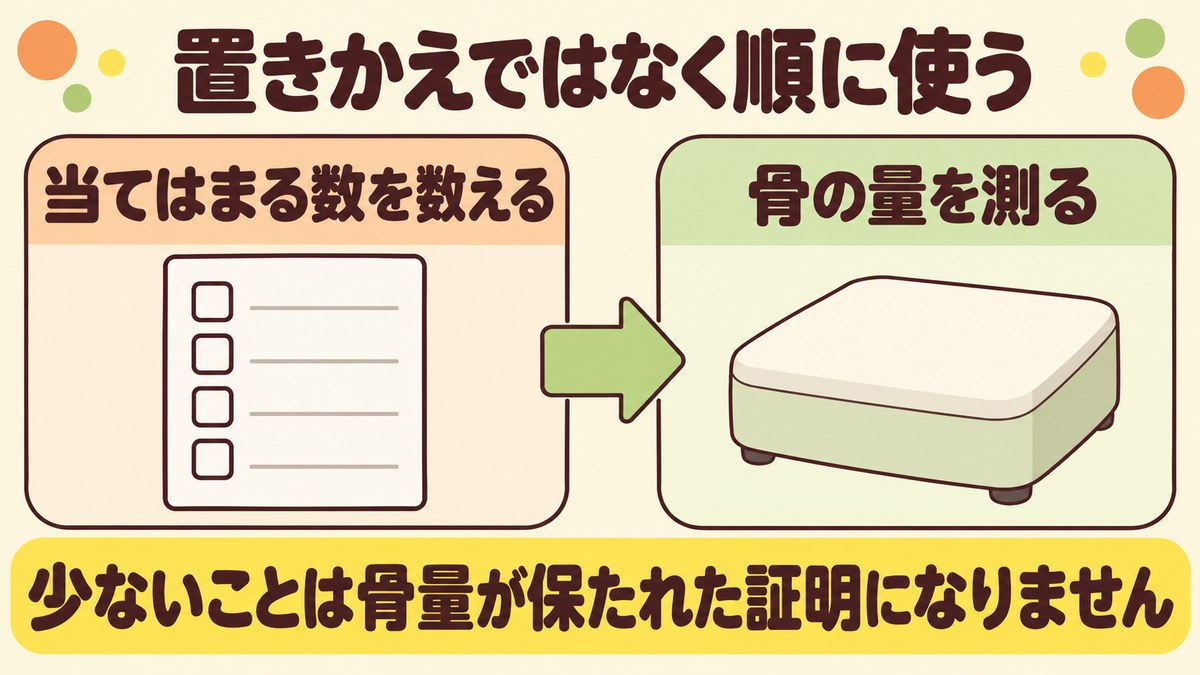 セルフチェックで当てはまる数を数えたあとに骨密度検査で骨の量を測るという順番を示した図