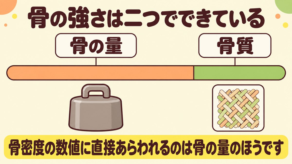 骨の強さが骨の量と骨質の二つでできており、骨密度の数値に直接あらわれるのは骨の量であることを示した図