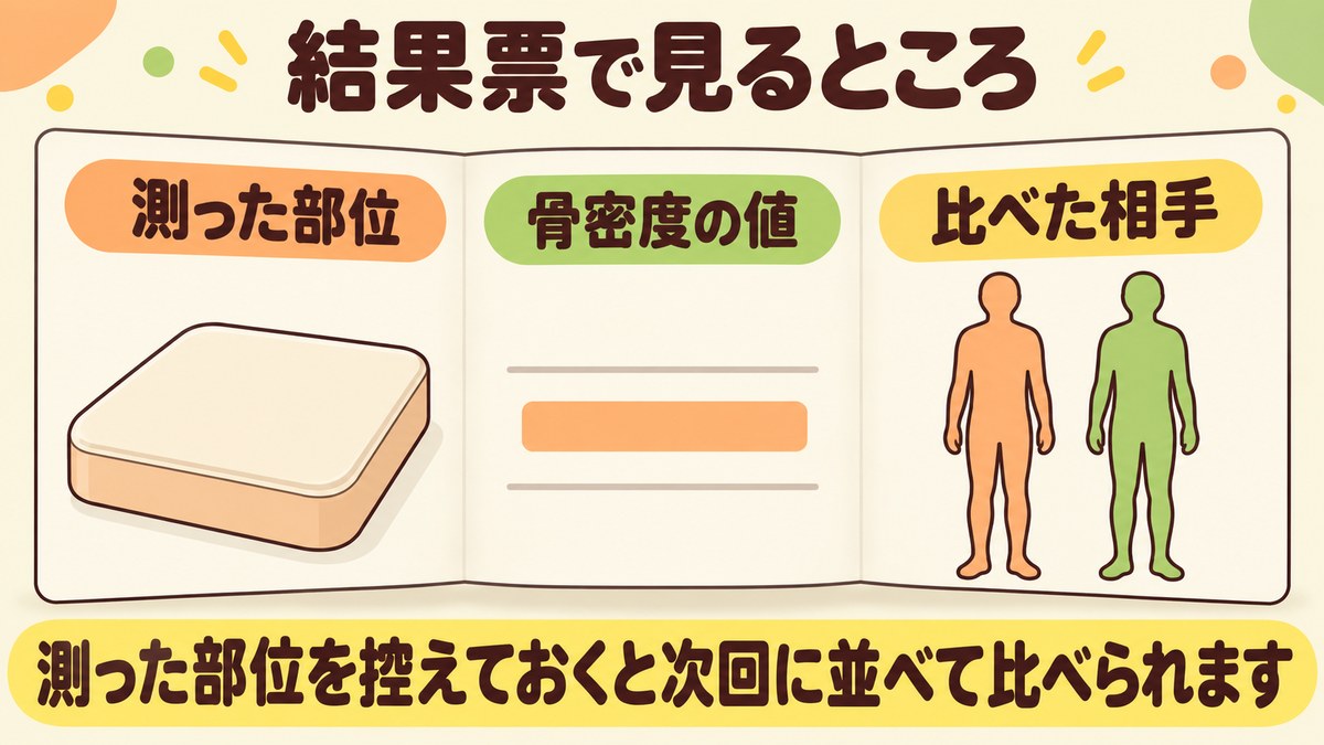 骨密度検査の結果票で見るところが測った部位と骨密度の値と比べた相手の三つであることを示した図