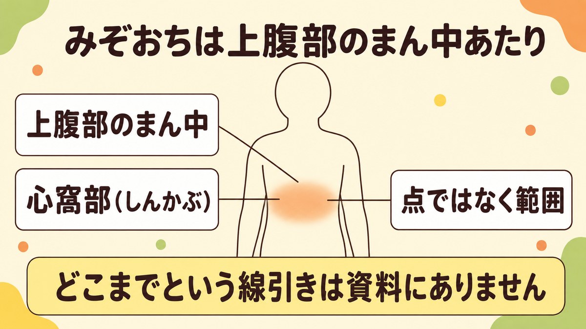みぞおちが上腹部のまん中あたりを指す言葉で、どこからどこまでという線引きがないことを示した図