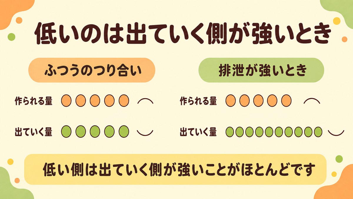 尿酸値が低い側では体の外へ出ていく量が増えていることを点の数で示した図