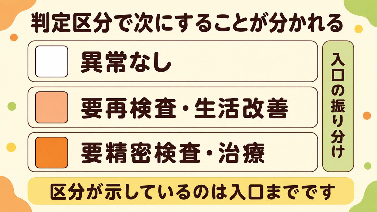 健診の判定区分が異常なし・要再検査と生活改善・要精密検査と治療の段階に分かれることを示した図