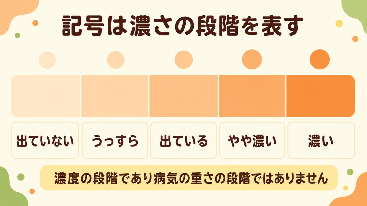 尿蛋白の記号が、出ていない・うっすら出ている・出ている・やや濃い・濃いという濃さの段階を表すことを示した図
