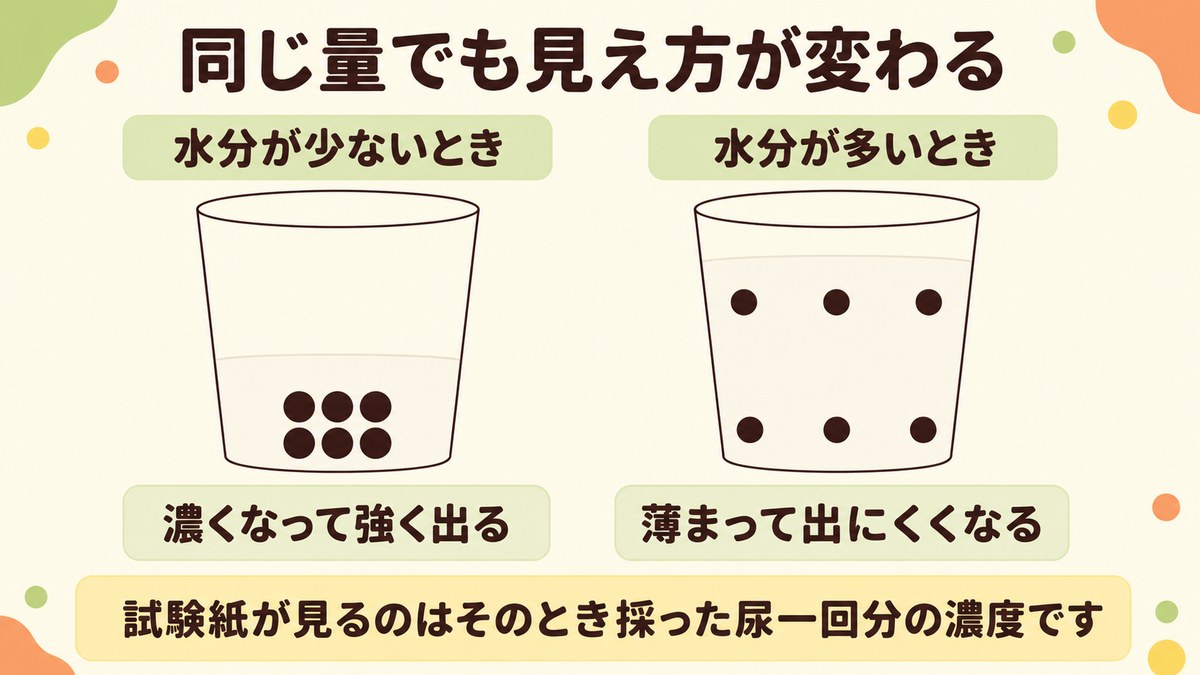 同じ数の点が入った2つのコップで、水分が少ないと濃くなって強く出て、水分が多いと薄まって出にくくなることを示した図