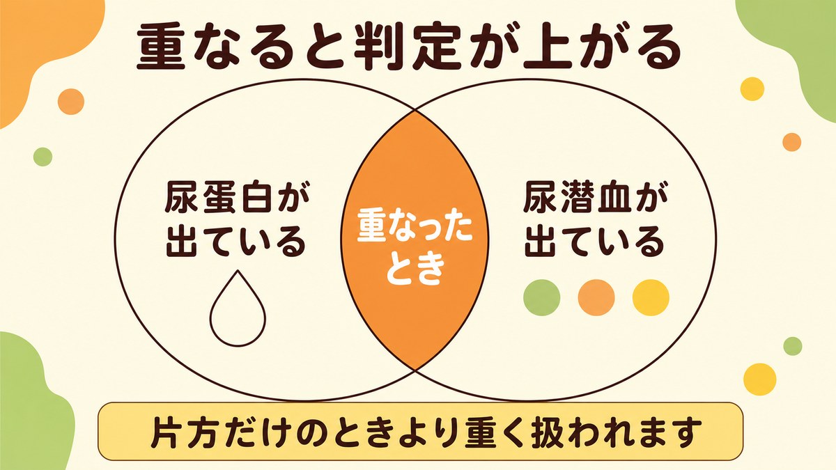 尿蛋白と尿潜血の輪が重なった部分だけが色づき、両方が重なったときは片方だけのときより重く扱われることを示した図