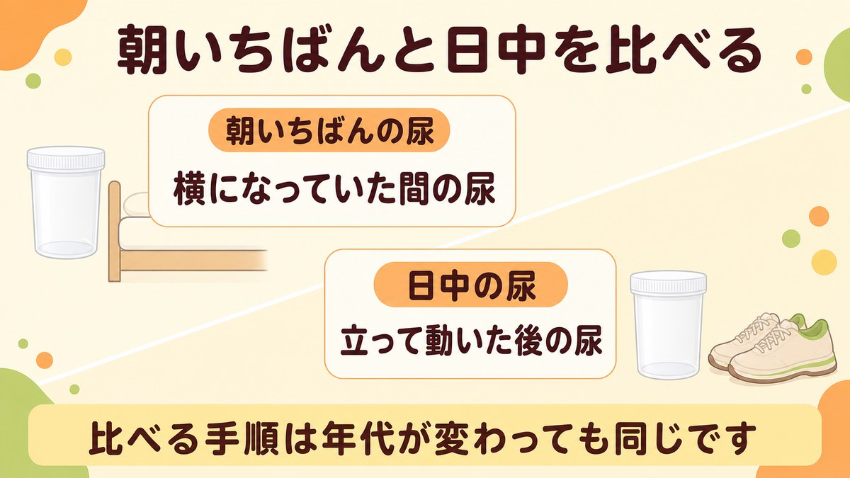 朝いちばんの尿と日中の尿を比べる手順を、横になっていた間の尿と立って動いた後の尿として対比した図