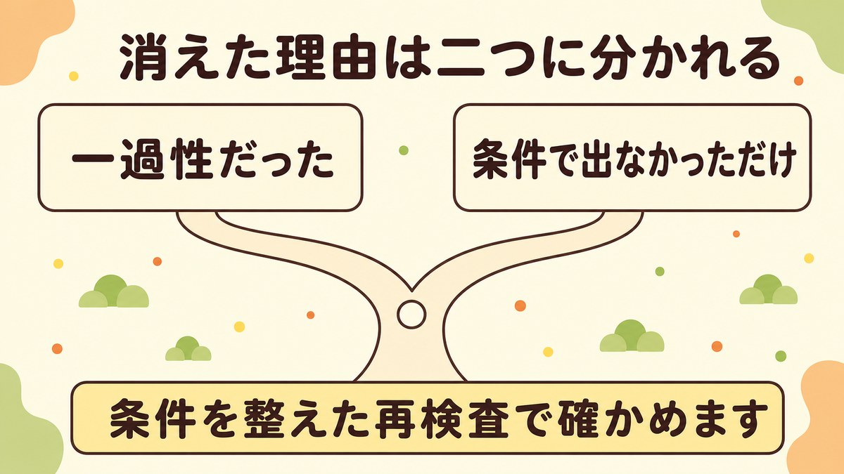 尿蛋白の記号が消えた理由が、一過性だった場合と条件で出なかっただけの場合の二つに分かれることを示した図