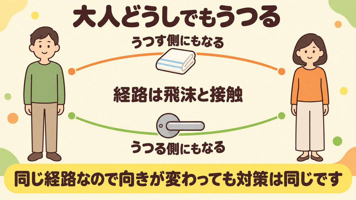 大人どうしでもRSウイルスはうつり、同じ2人がうつす側にもうつる側にもなること、経路は飛沫と接触であることを2本の弧で示した図