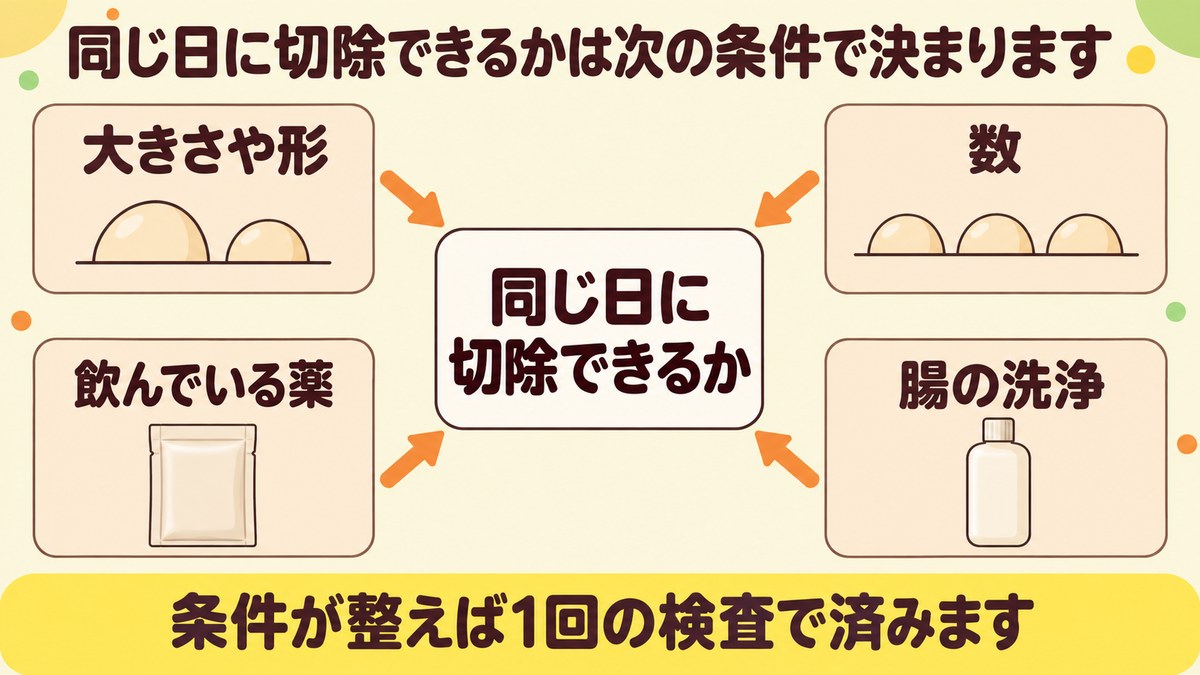 同じ日に大腸ポリープを切除できるかが、大きさや形・数・飲んでいる薬・腸の洗浄で決まることを示す図
