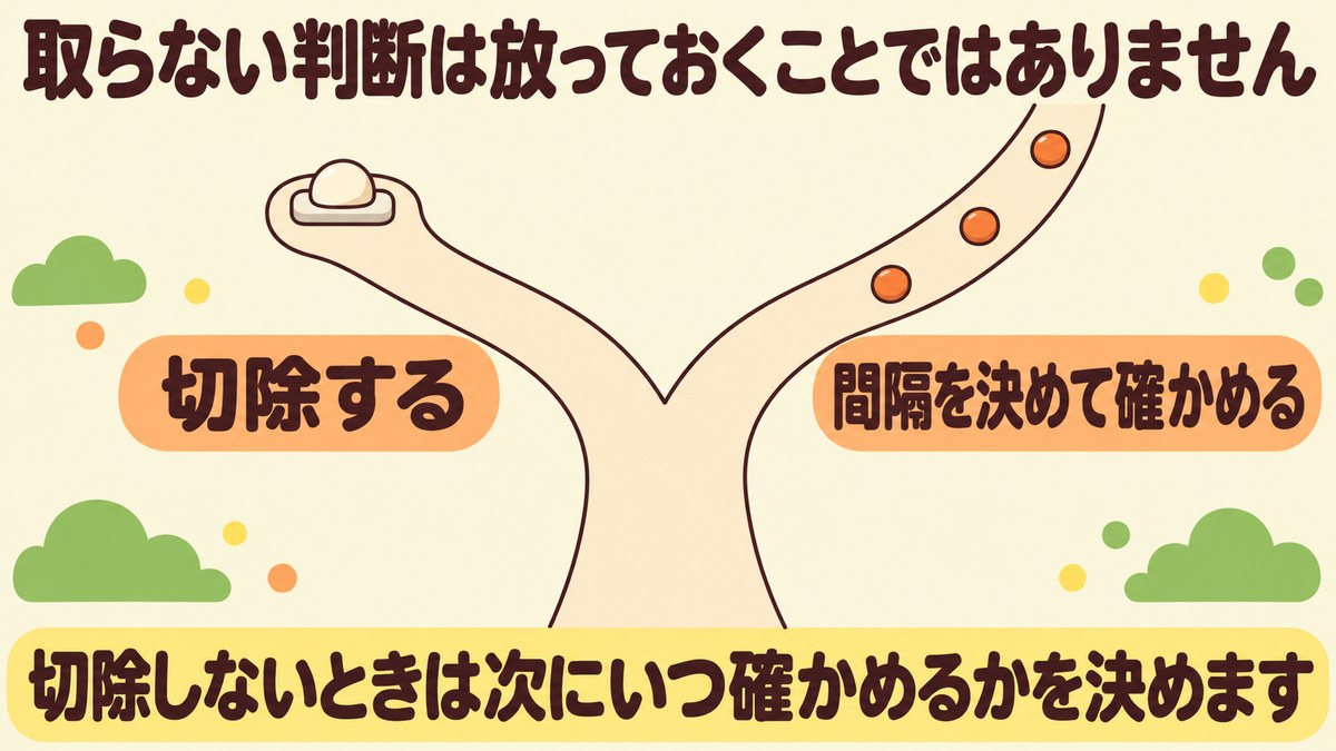 大腸ポリープを切除する場合と、切除せず間隔を決めて確かめる場合の分かれ方を示す図