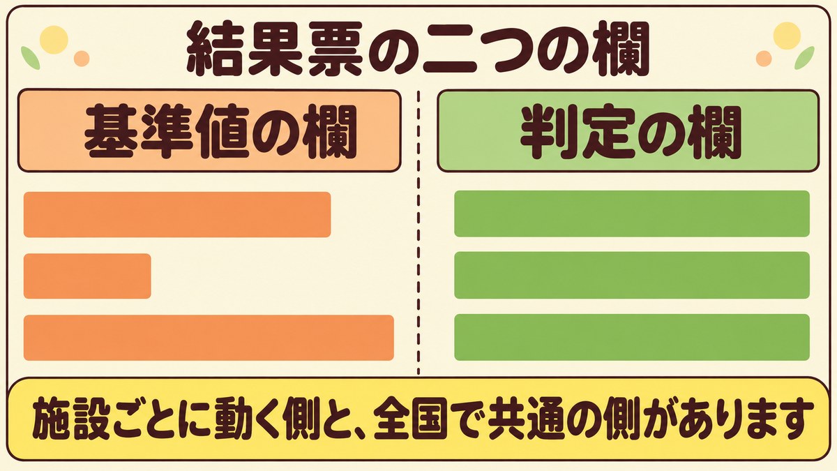結果票の基準値の欄は施設ごとに動き、判定の欄は全国で共通であることを、長さのそろわない帯とそろった帯の対比で示した図