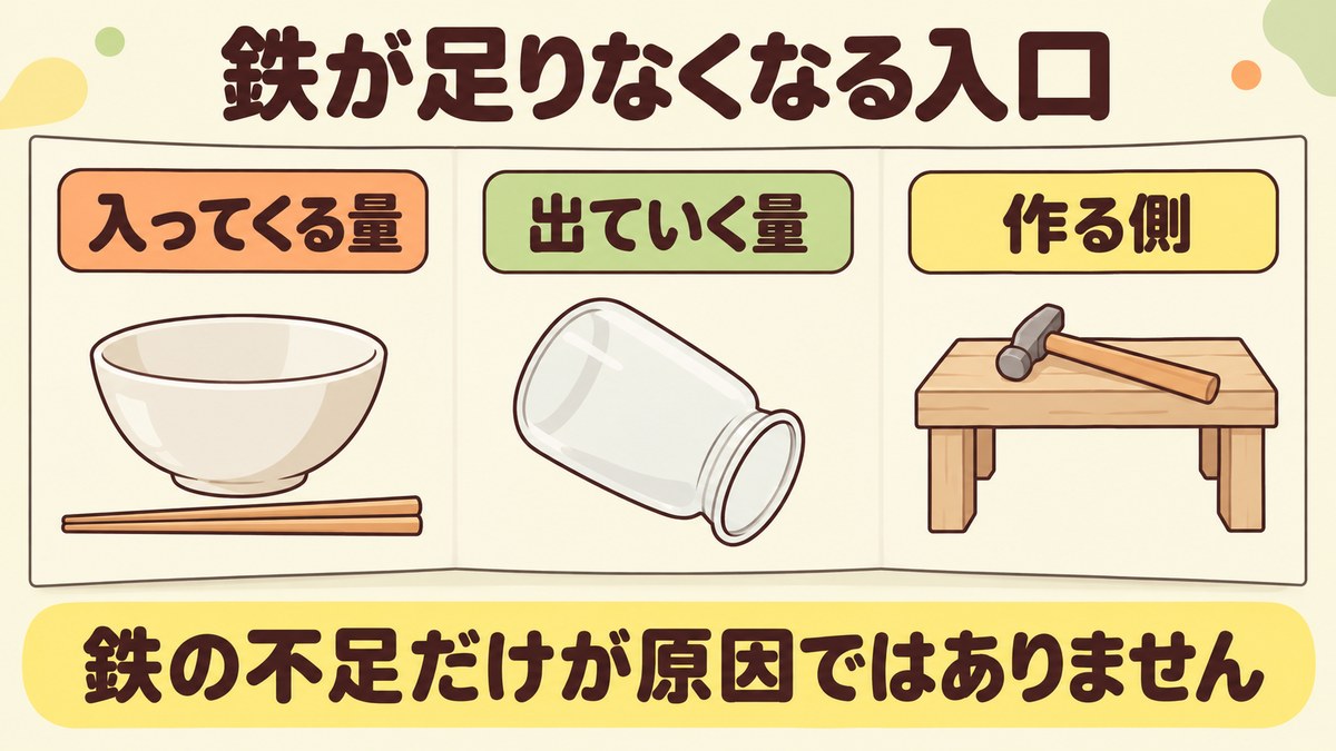 鉄が足りなくなる入口が入ってくる量と出ていく量と作る側の三つに分かれることを示した図