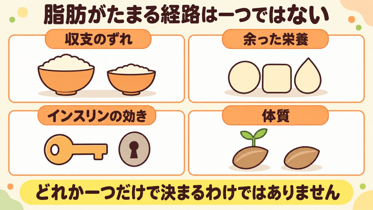 脂肪がたまる経路が収支のずれと余った栄養とインスリンの効きと体質の4つに分かれることを示した図