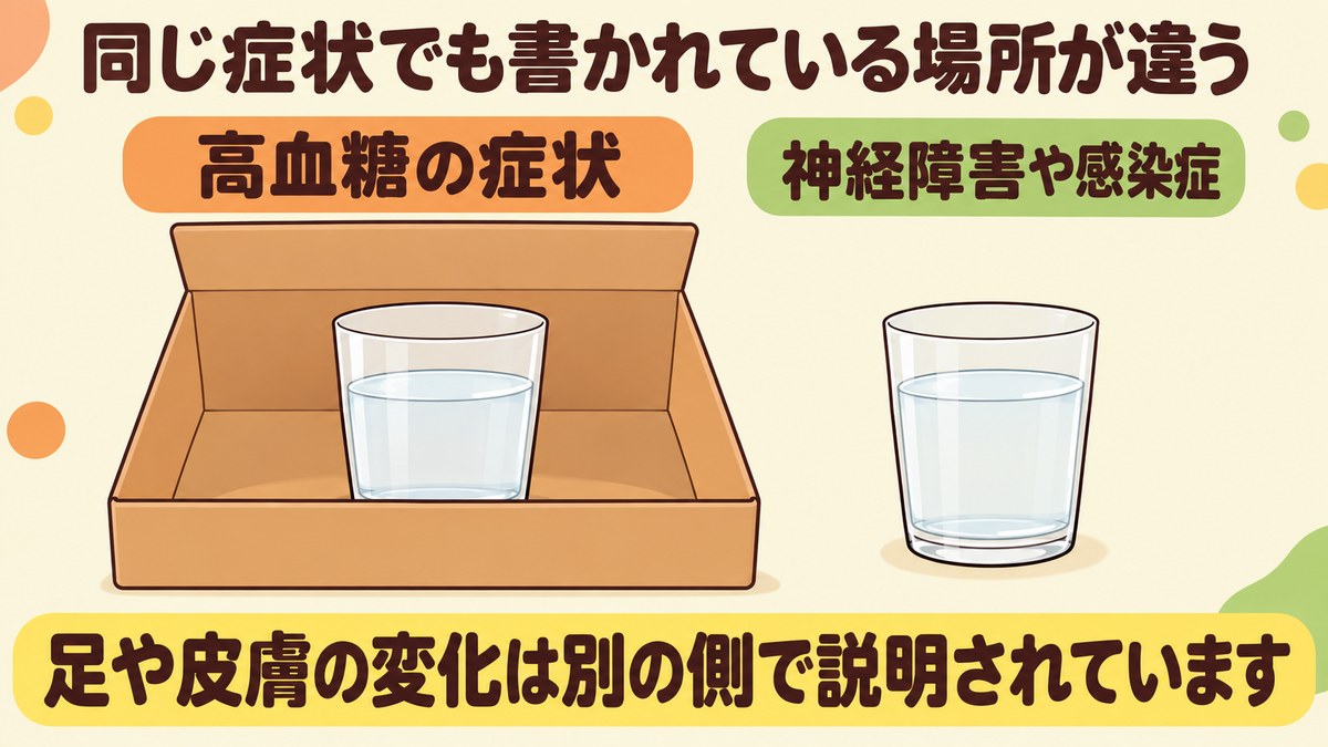 足や皮膚の変化が、高血糖の症状の並びではなく神経障害や感染症の側で説明されていることを、箱の中と外の同じ器で示した図