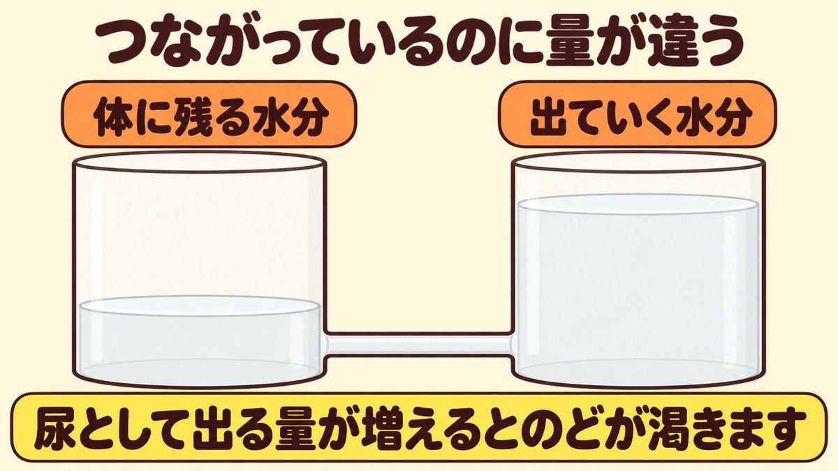 尿に糖が出ると水分も一緒に引かれて体に残る水分が減ることを、細い管でつないだ二つの容器で示した図