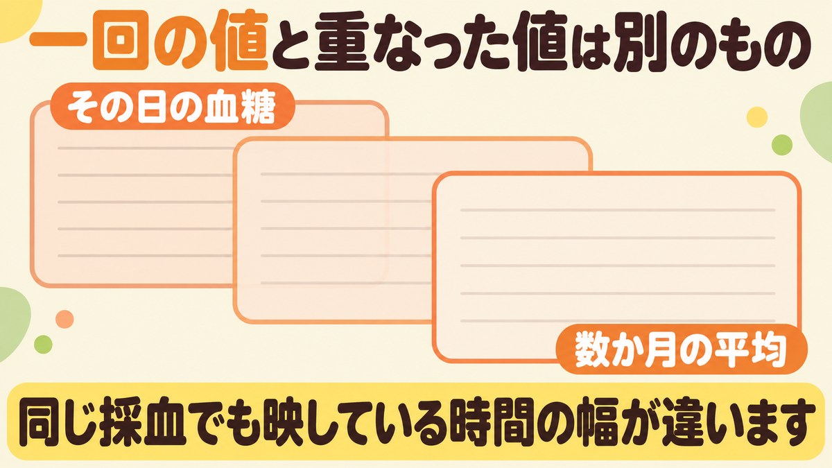 その日の血糖と数か月の平均は同じ採血でも映している時間の幅が違うことを、同じ枠を三枚重ねて示した図