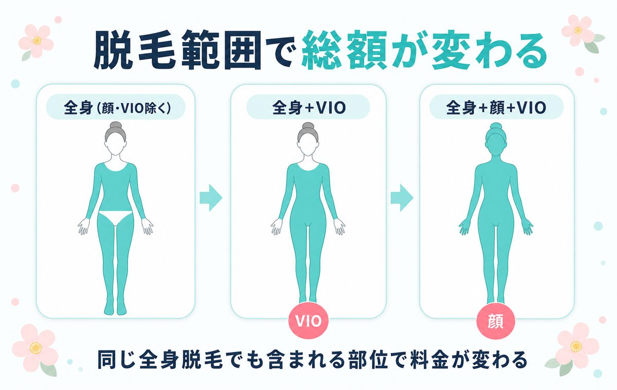 脱毛範囲で総額が変わる 全身(顔・VIO除く) 全身+VIO 全身+顔+VIO