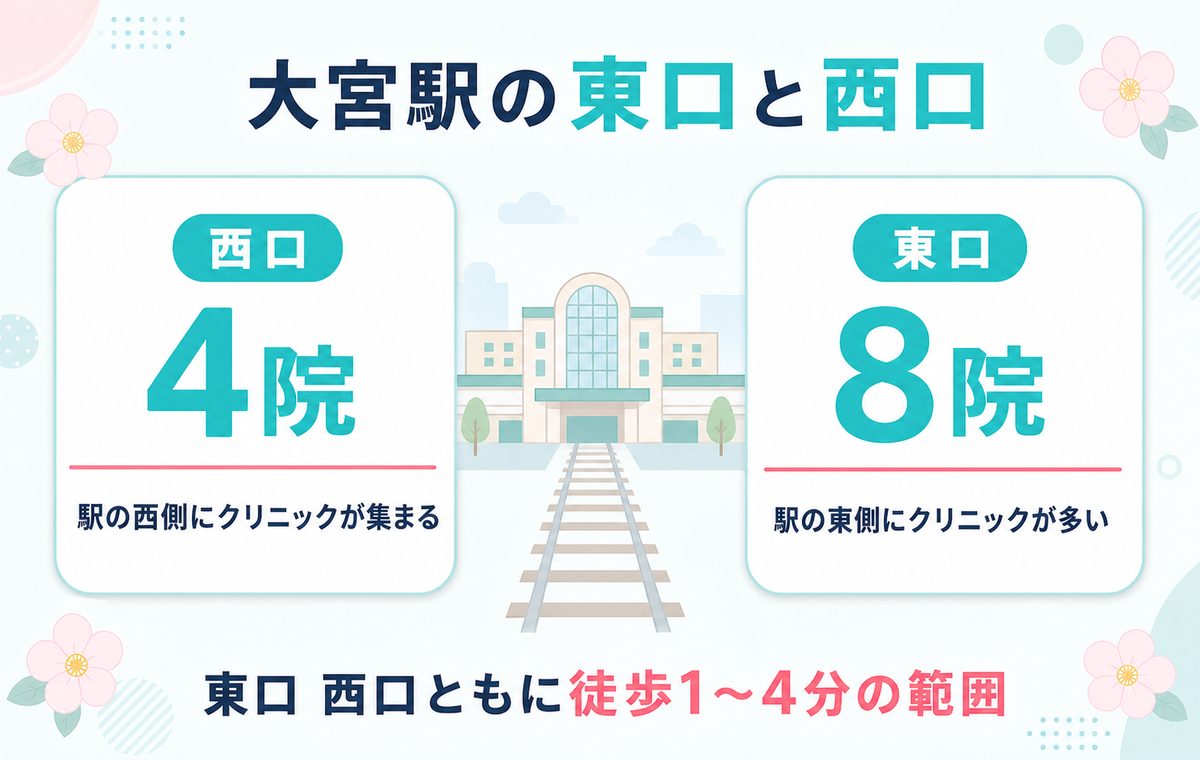 大宮駅の東口と西口 西口4院 東口8院 東口西口ともに徒歩1〜4分の範囲