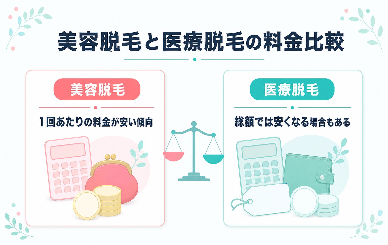 美容脱毛と医療脱毛の料金比較の図解 1回あたりは美容脱毛が安い傾向 総額では医療脱毛が安くなる場合もある