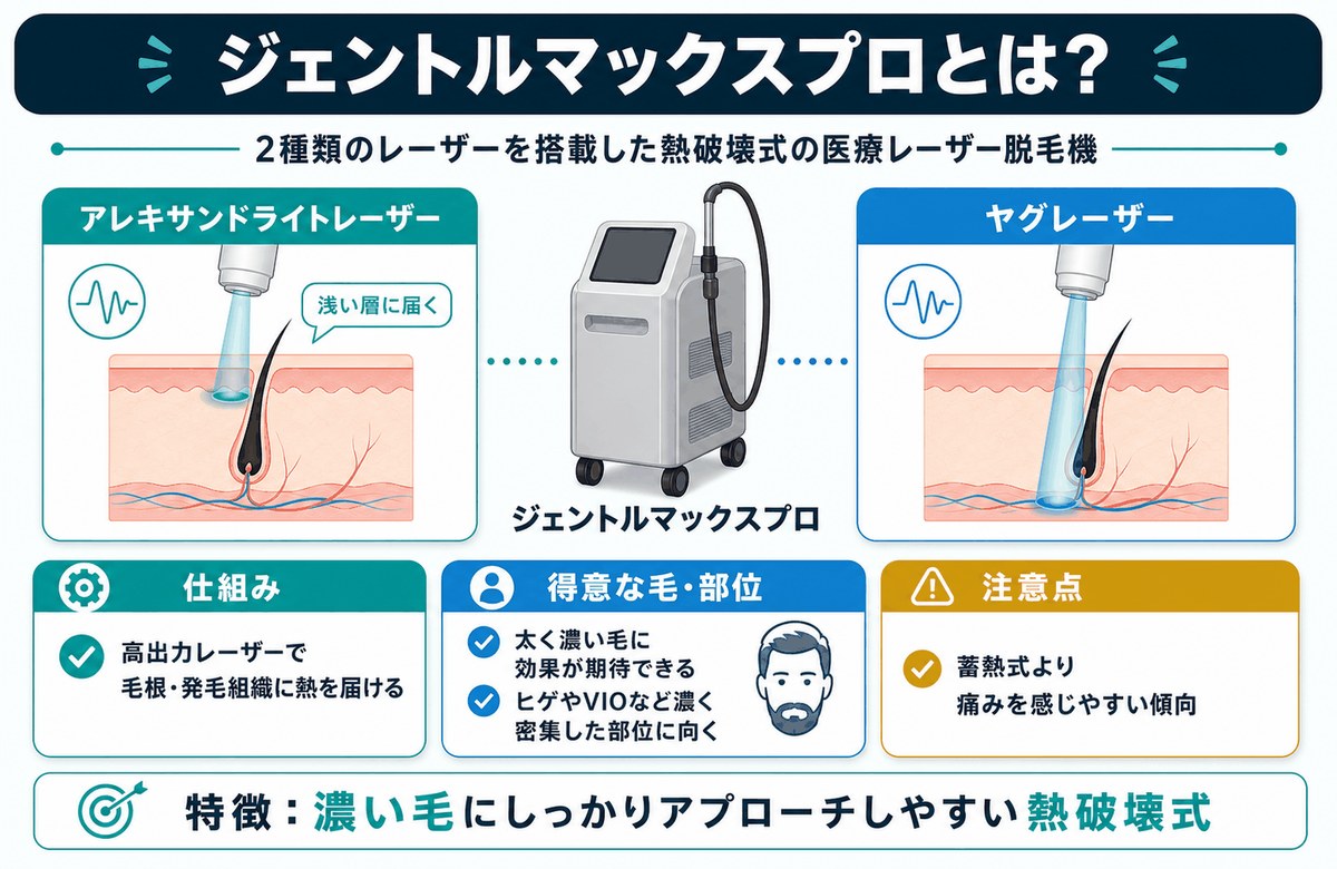 ジェントルマックスプロとは｜アレキサンドライトレーザーとヤグレーザーを搭載した熱破壊式の医療レーザー脱毛機の解説図