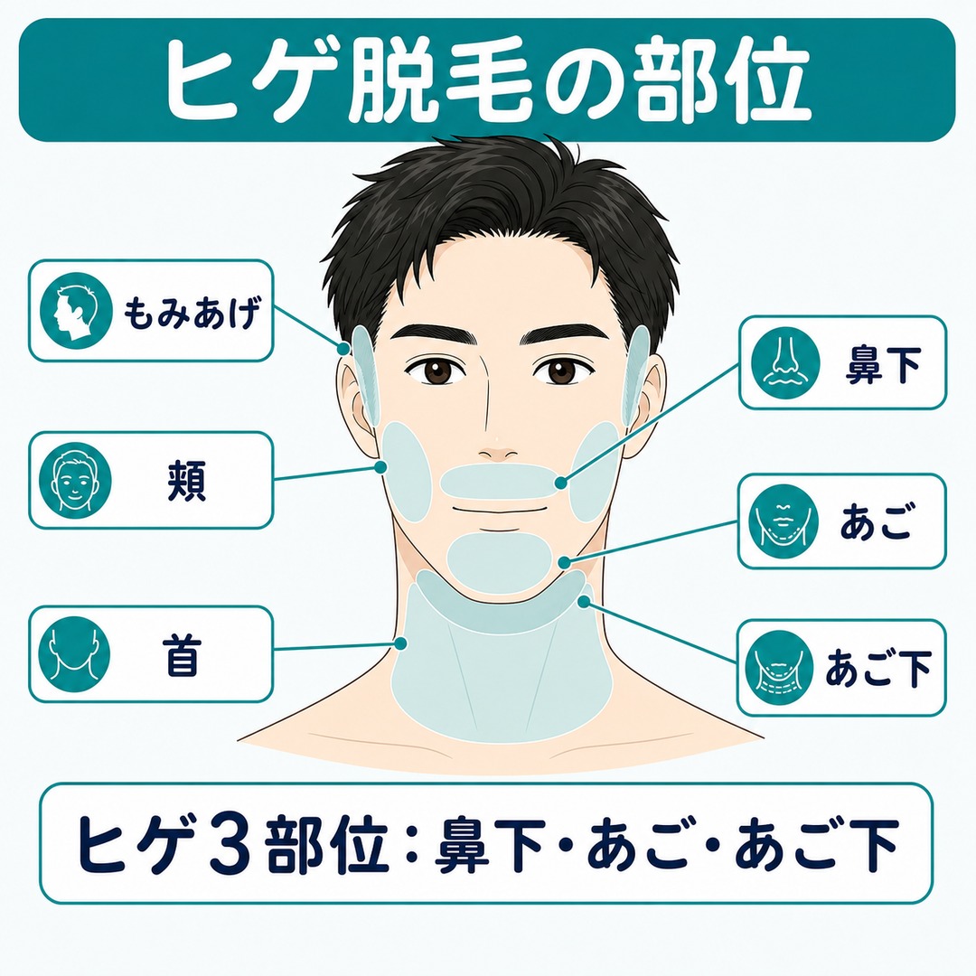 ヒゲ脱毛の部位（もみあげ・鼻下・頬・あご・あご下・首）とヒゲ3部位の解説図