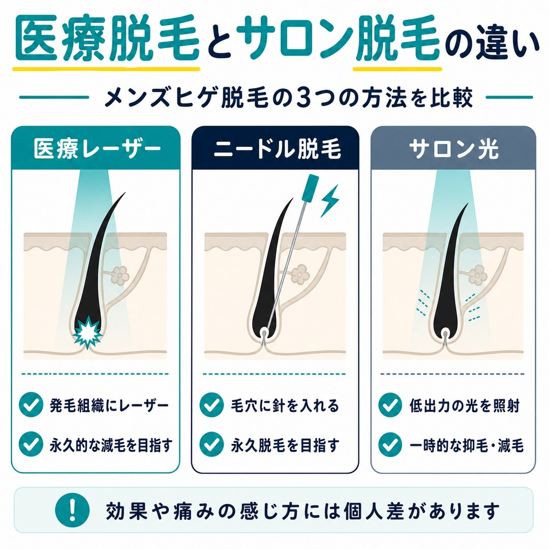 医療レーザー脱毛・ニードル脱毛・サロン光脱毛の違いの比較表