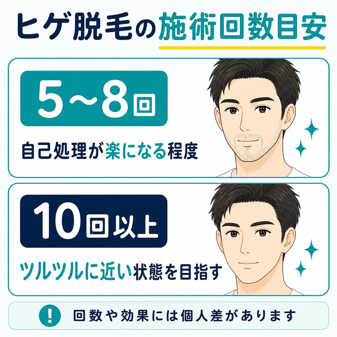 ヒゲ脱毛の施術回数目安（5〜8回で自己処理が楽になる程度・10回以上でツルツルに近い状態）の解説図