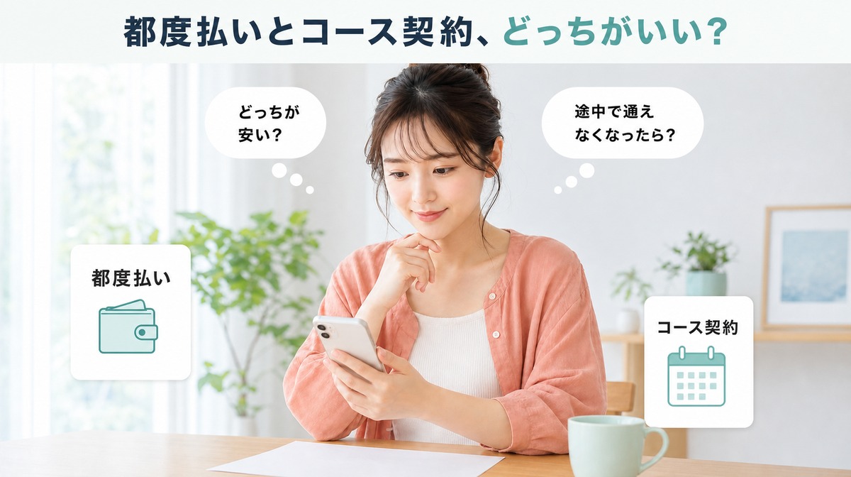 都度払いとコース契約のどちらを選ぶか比べている女性