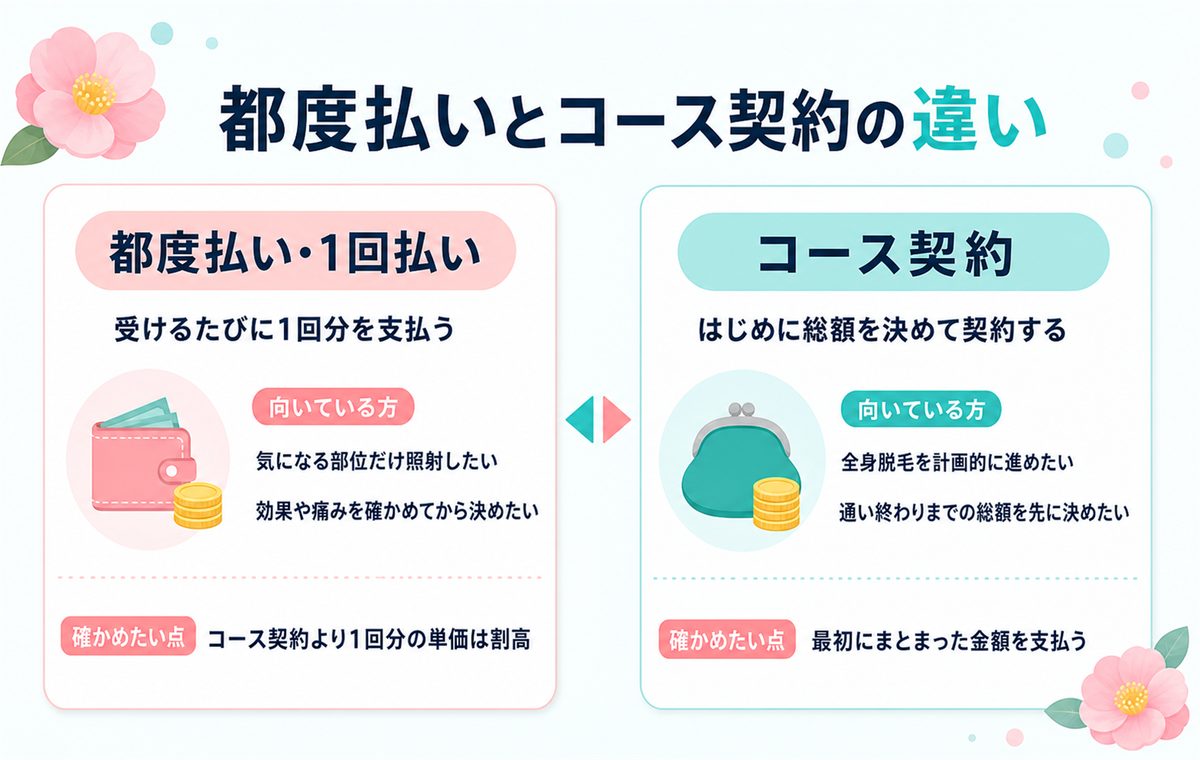 都度払いとコース契約の違い 都度払いは受けた回数分だけ支払う コース契約は契約時に通い終わるまでの総額が決まる