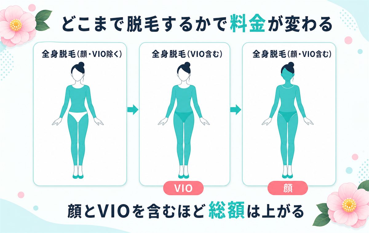 脱毛範囲で総額が変わる 全身のみ 全身+VIO 全身+VIO+顔の3段階