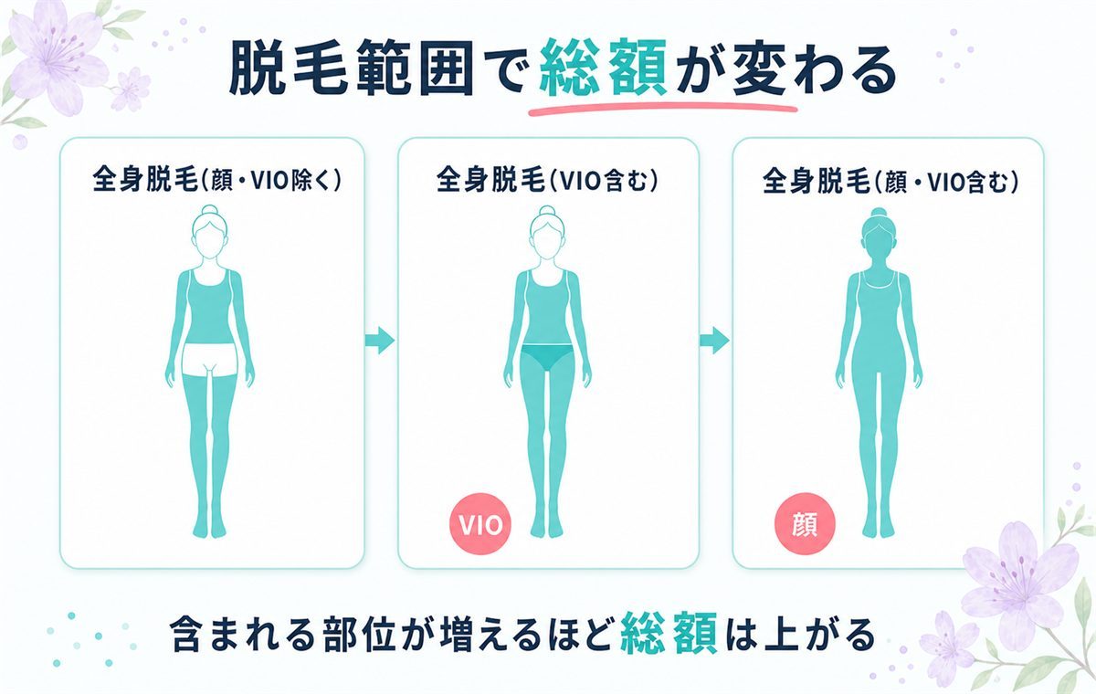 脱毛範囲で総額が変わる 全身のみ 全身+VIO 全身+VIO+顔の3段階