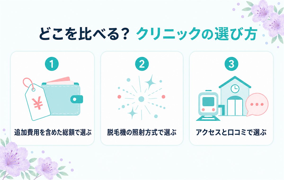 クリニックの選び方 追加費用を含めた総額で選ぶ 脱毛機の照射方式で選ぶ アクセスと口コミで選ぶ