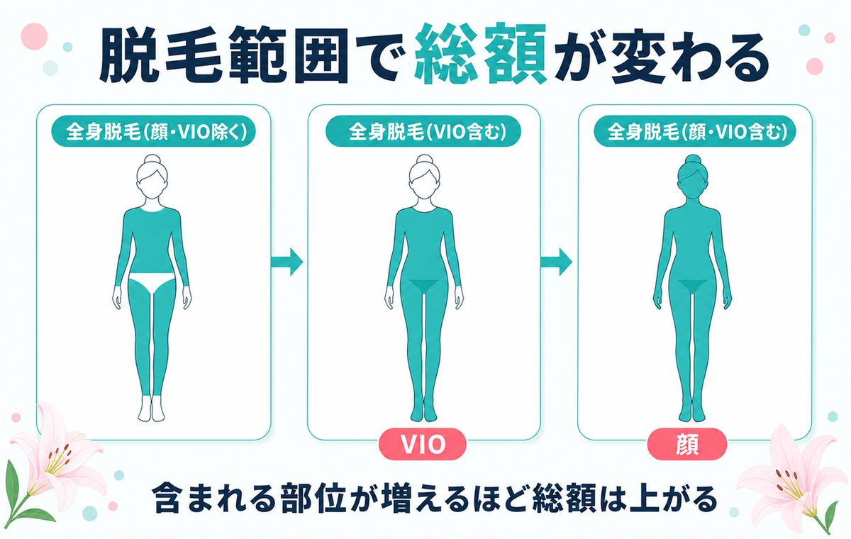 脱毛範囲で総額が変わる 全身のみ 全身+VIO 全身+VIO+顔の3段階