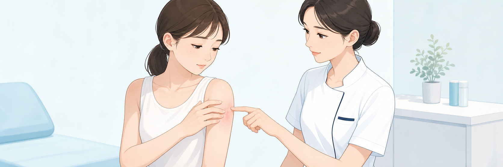 医療レーザー脱毛後の肌の赤みを医療スタッフに相談する女性