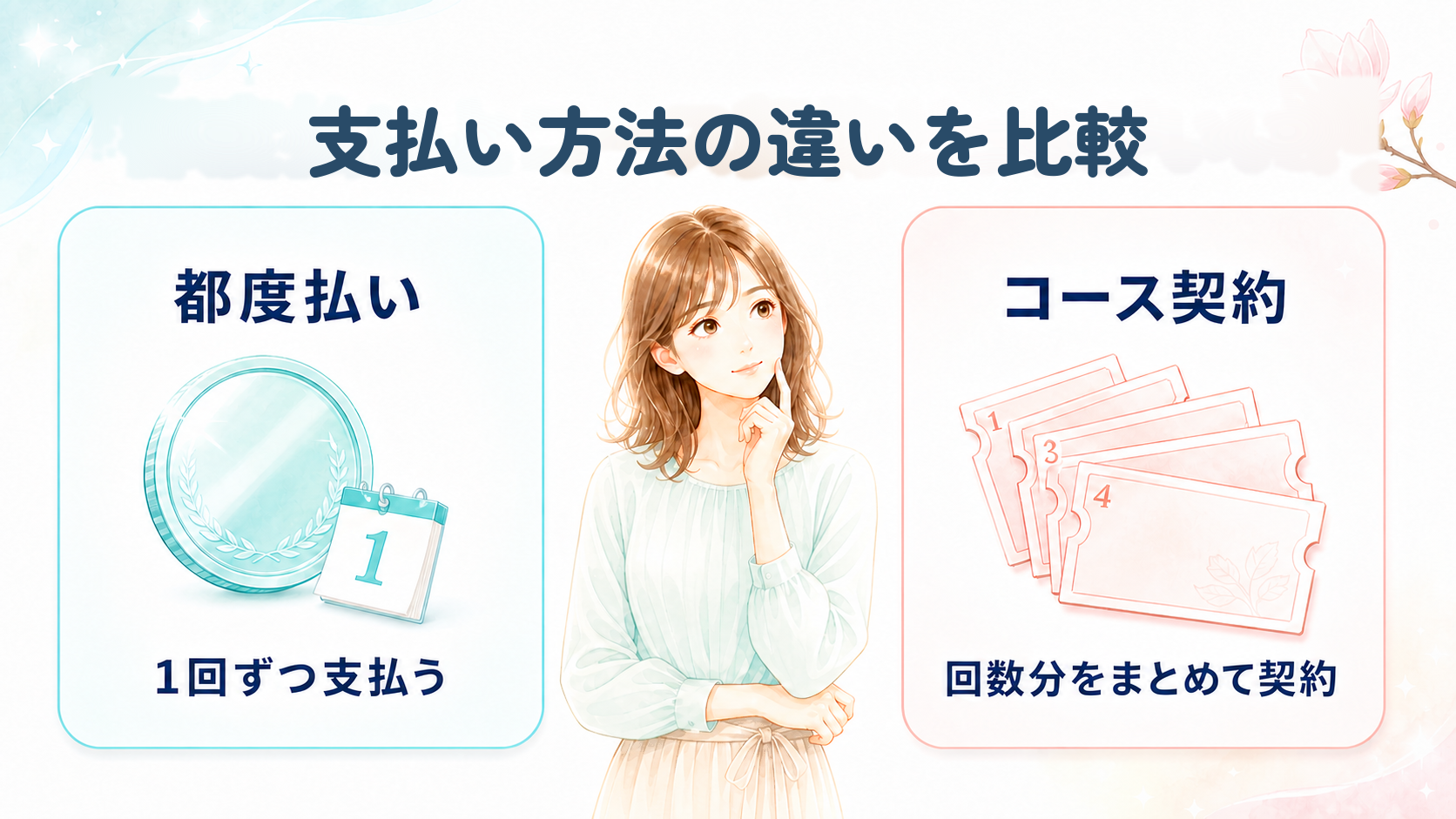都度払いとコース契約のどちらを選ぶか比べている女性